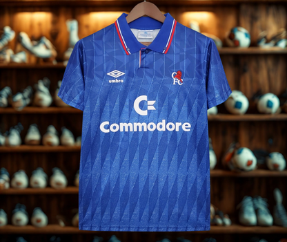 Camiseta Retrô do Chelsea 1989 - Edição Comemorativa (Patrocínio Commodore)